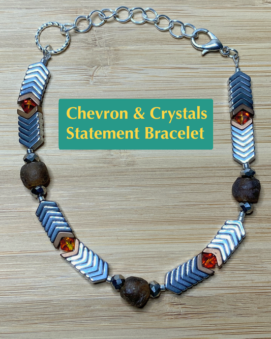 Handmade bracelet with brown and silver hematite beads, red and gray vintage crystal beads, and brown recycled glass beads