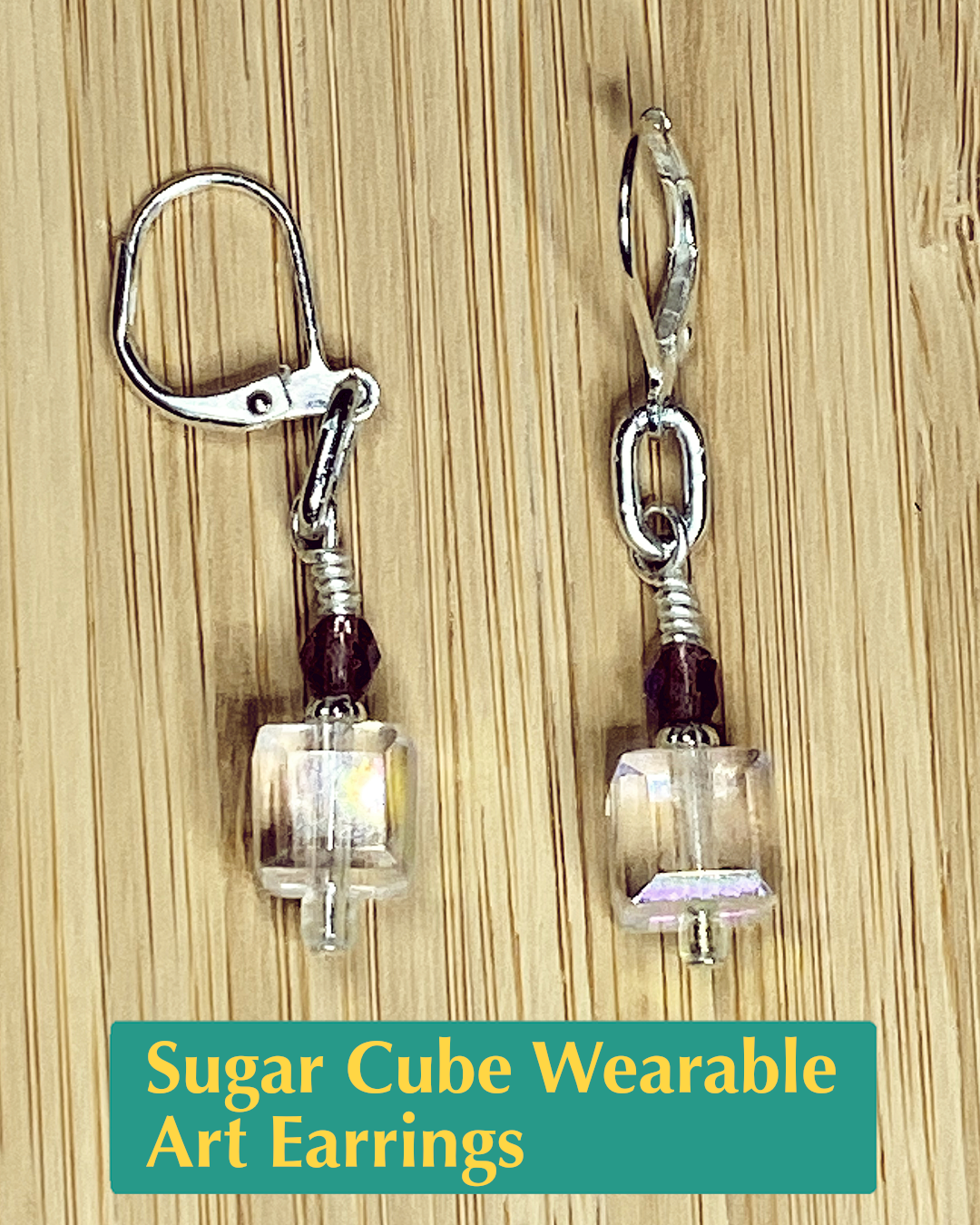 eco-conscious lever back earrings made with crystal and salvaged beads, aluminum chain link, and plated metals