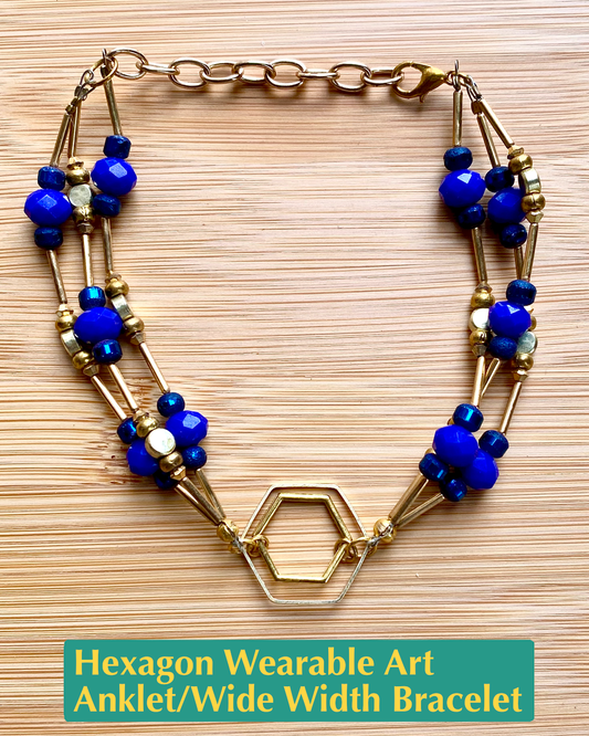 three-tiered beaded anklet with blue crystals and gold color beads and gold hexagon charms
