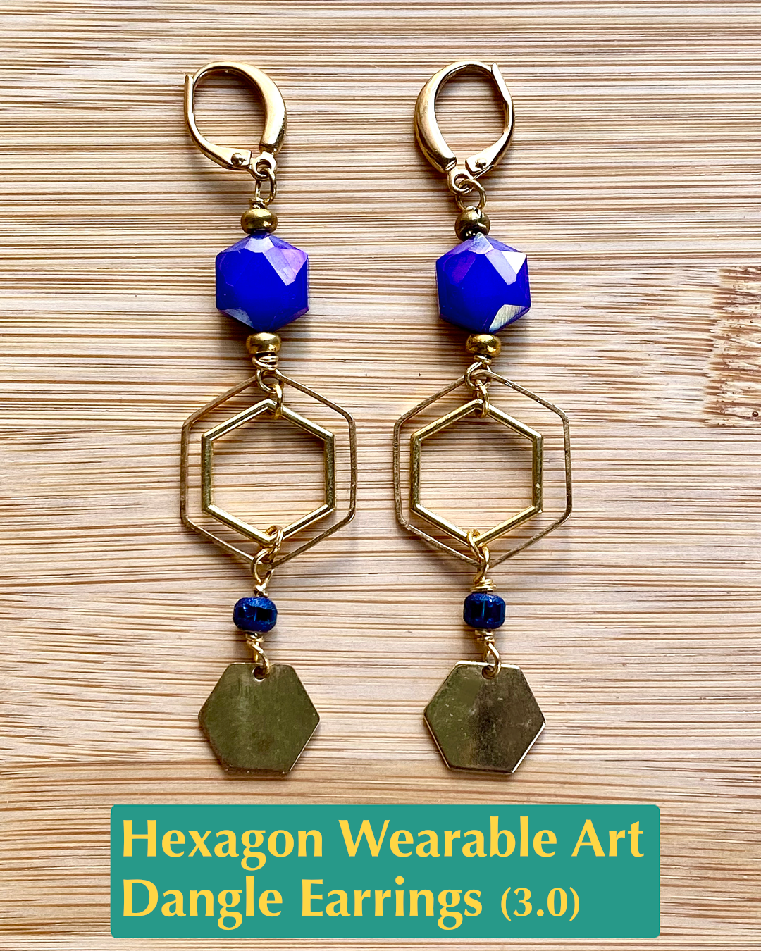 Handmade dangle earrings with blue crystals and gold color hexagon charms