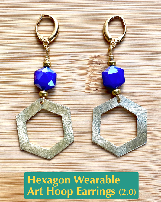 Large handmade hexagon hoop earrings with blue crystal and gold color brass beads and charms