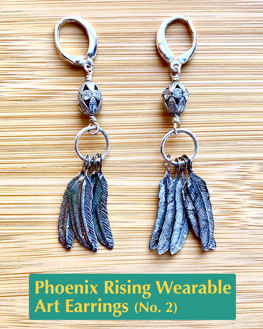 Handmade, wearable art lever back fringe earrings with a metal pave rhinestone accent bead and feather charms